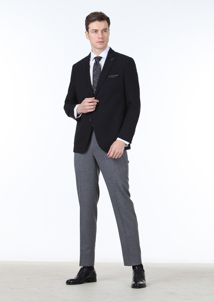 Siyah Düz Regular Fit Yün Karışımlı Ceket - 3