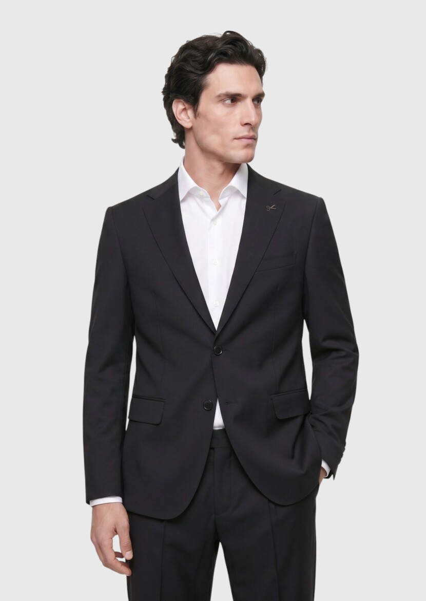Siyah Düz Regular Fit Yün Karışımlı Takım Elbise - 1