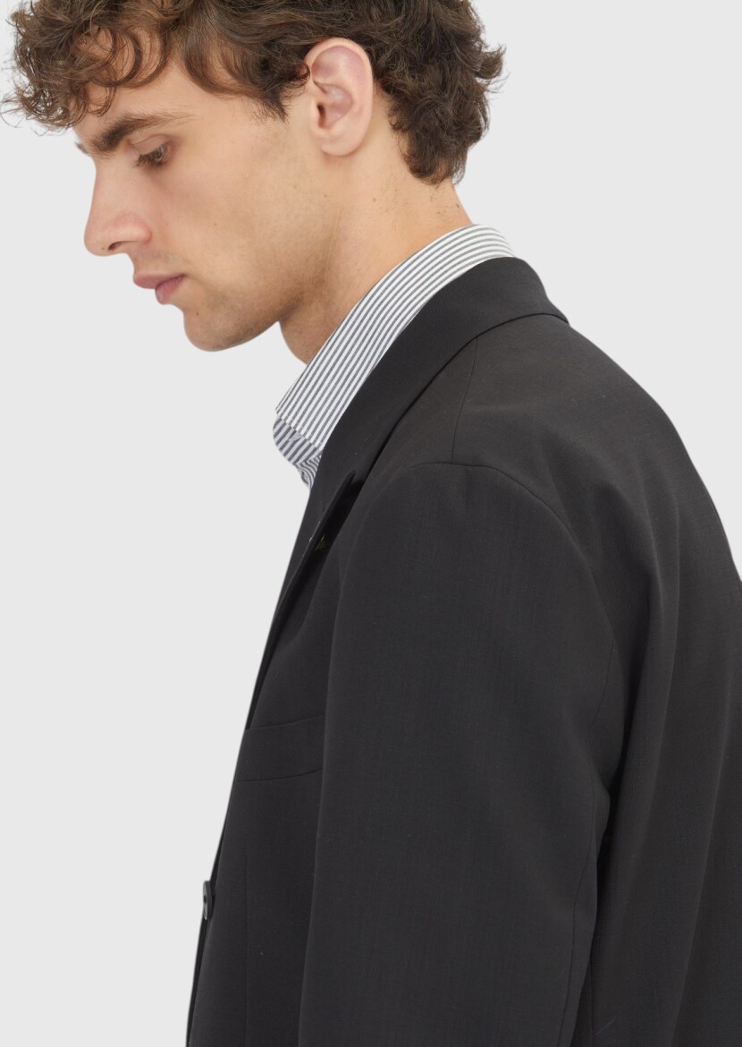 Siyah Düz Relaxed Fit %100 Yün Takım Elbise - 3