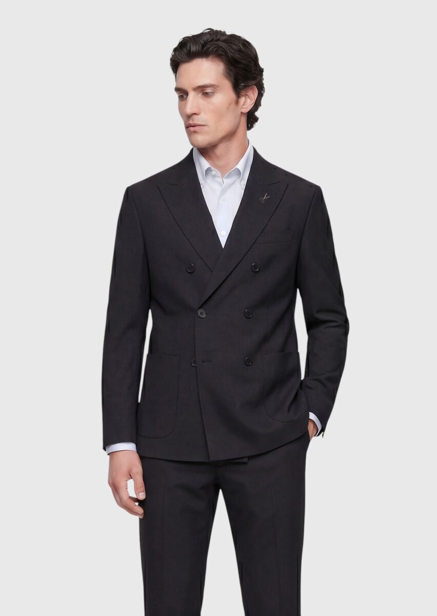 Siyah Düz Relaxed Fit %100 Yün Takım Elbise - 4