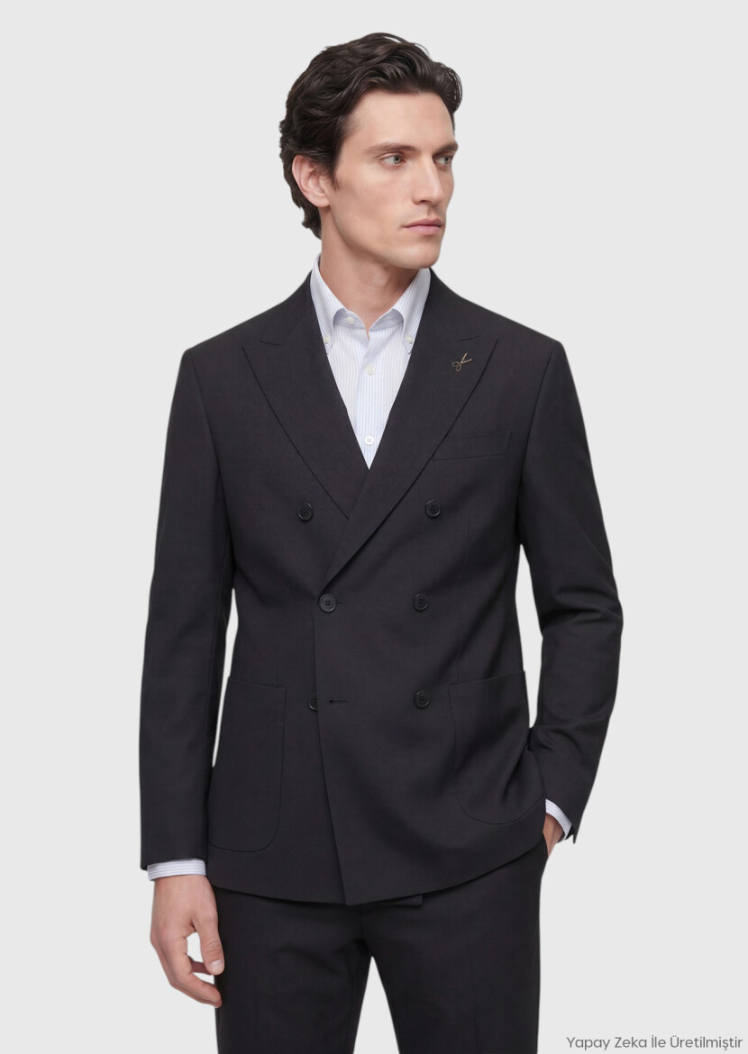 Siyah Düz Relaxed Fit %100 Yün Takım Elbise - RAMSEY