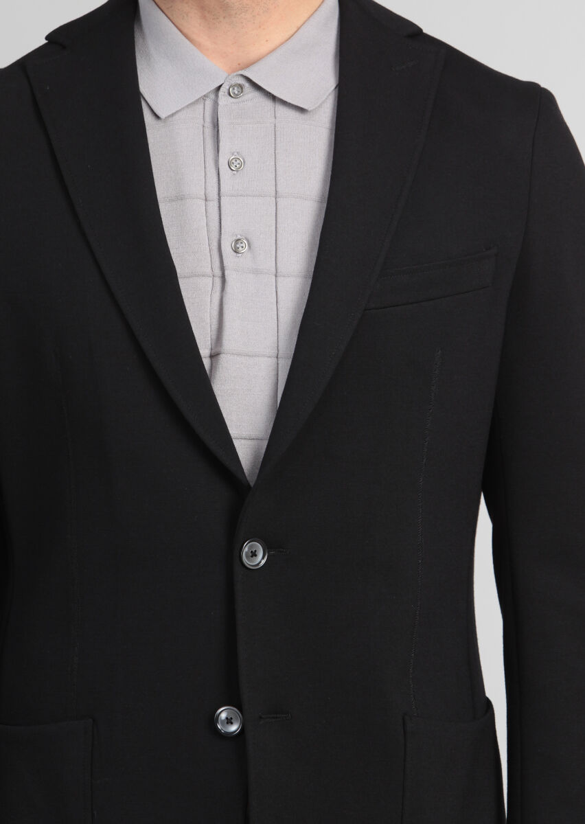 Siyah Düz Shirt Shoulder Slim Fit Örme Ceket - 3