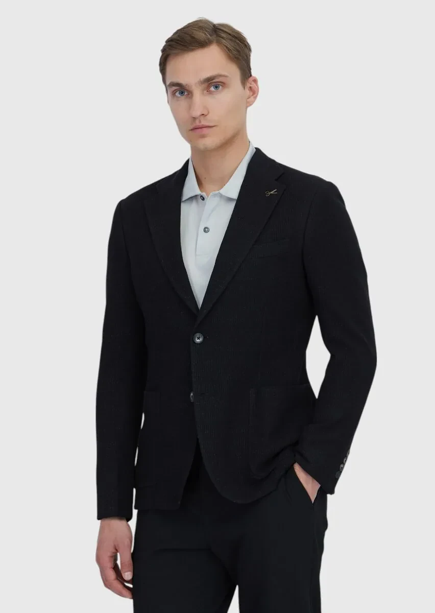 Siyah Düz Shirt Shoulder Slim Fit Pamuk Karışımlı Örme Ceket - 1