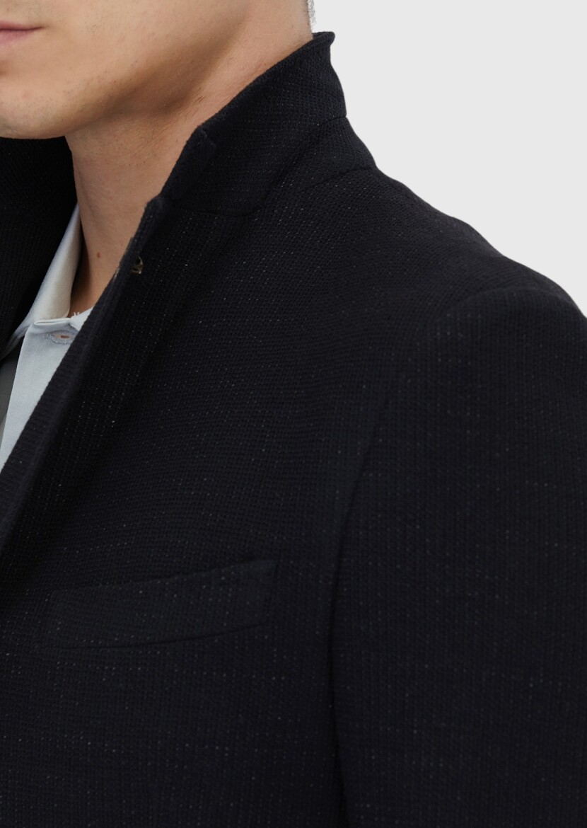 Siyah Düz Shirt Shoulder Slim Fit Pamuk Karışımlı Örme Ceket - 4