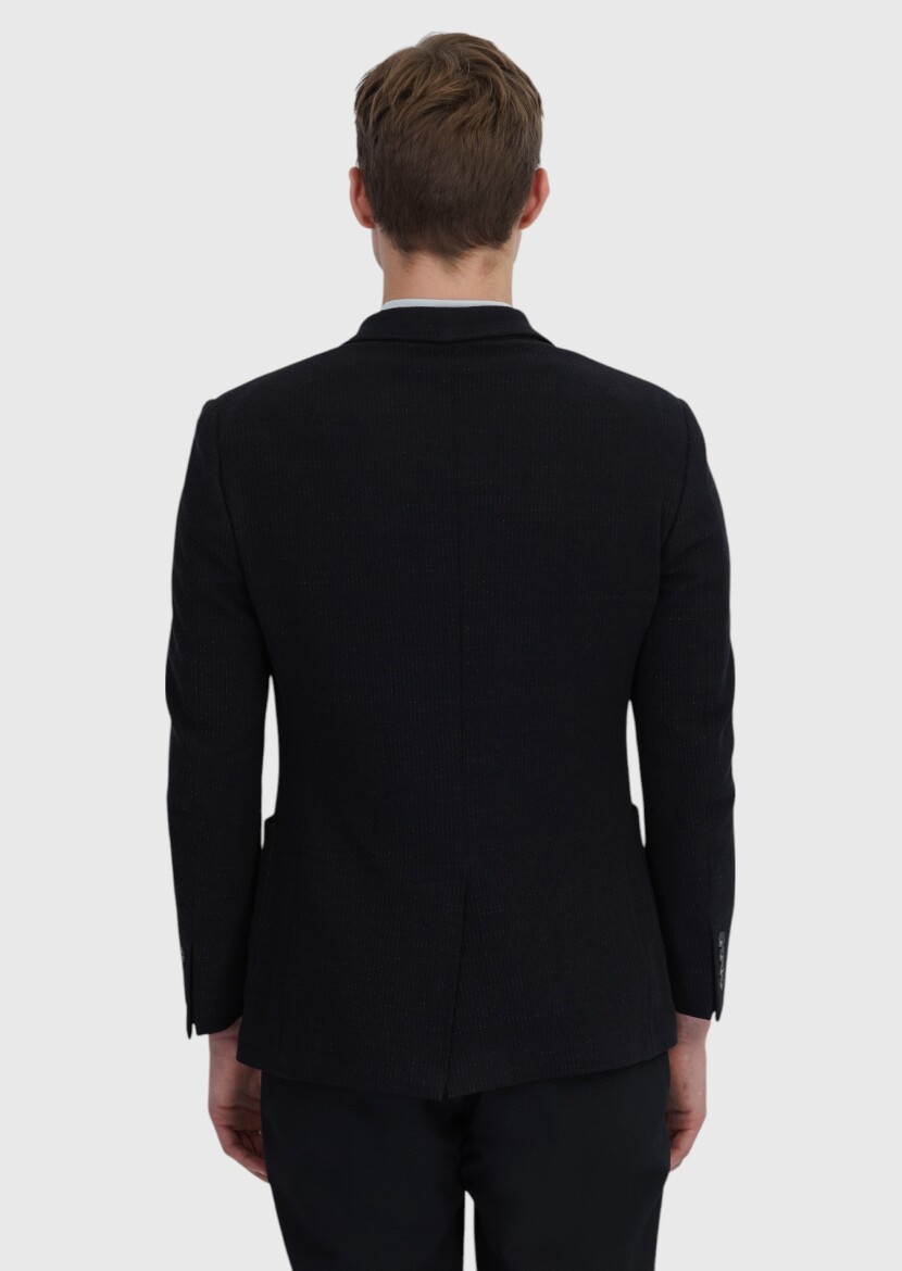Siyah Düz Shirt Shoulder Slim Fit Pamuk Karışımlı Örme Ceket - 6
