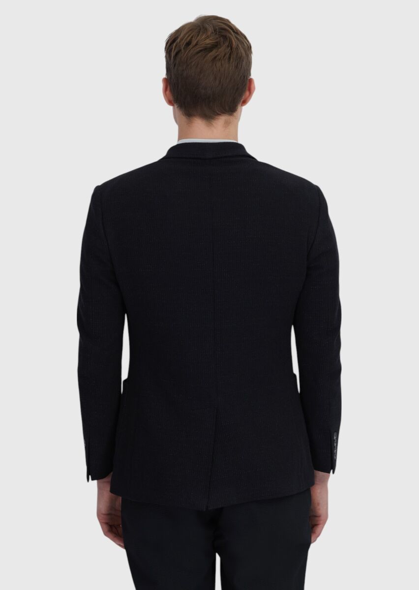 Siyah Düz Shirt Shoulder Slim Fit Pamuk Karışımlı Örme Ceket - 6