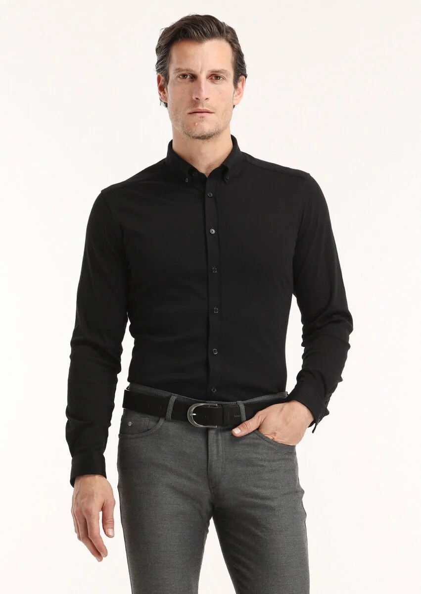 Siyah Düz Slim Fit Casual %100 Pamuk Gömlek - 2