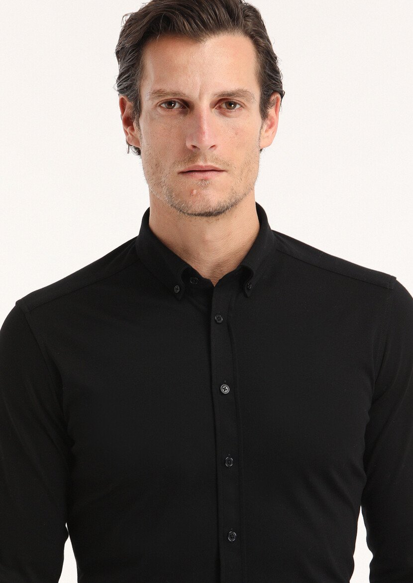 Siyah Düz Slim Fit Casual %100 Pamuk Gömlek - 3