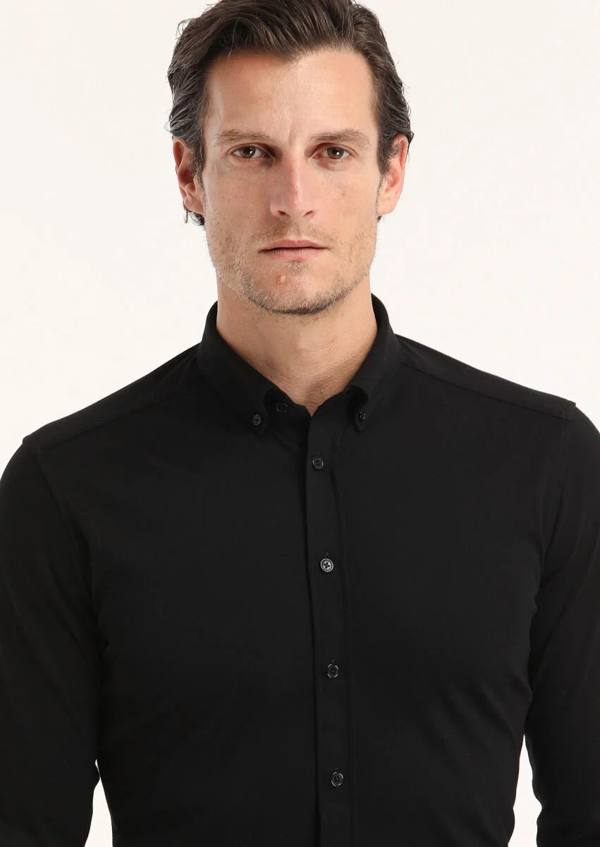 Siyah Düz Slim Fit Casual %100 Pamuk Gömlek - 3