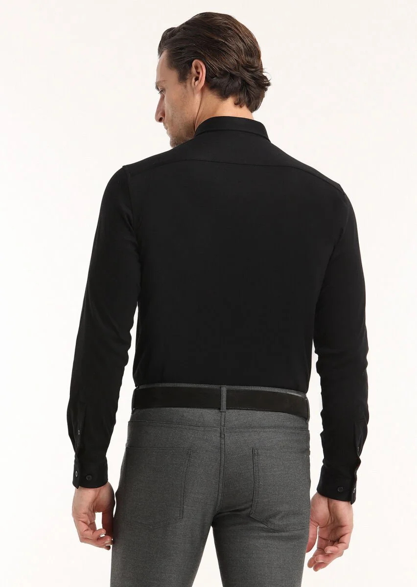 Siyah Düz Slim Fit Casual %100 Pamuk Gömlek - 5