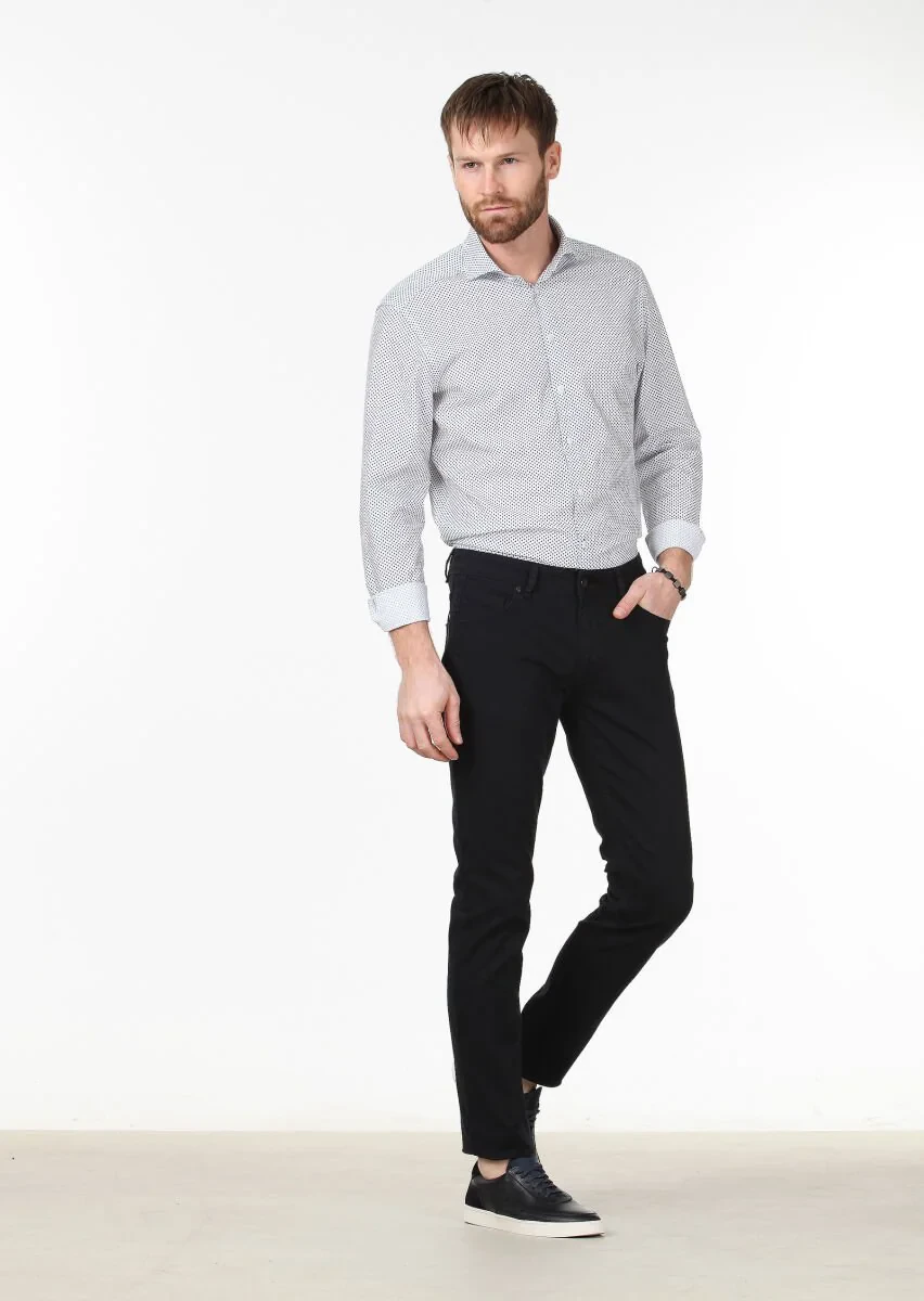 Siyah Düz Slim Fit Denim Pamuk Karışımlı Pantolon - 1
