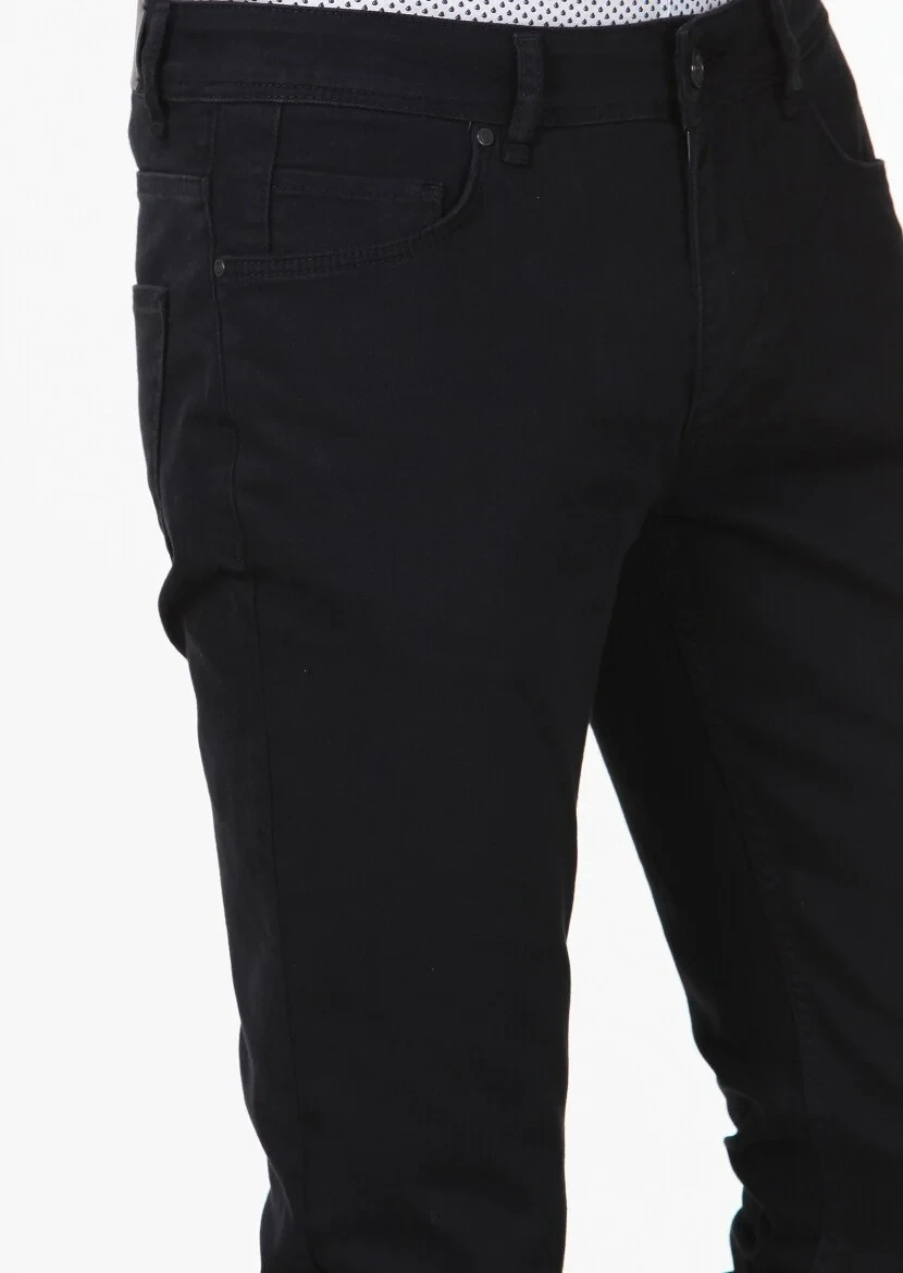Siyah Düz Slim Fit Denim Pamuk Karışımlı Pantolon - 3