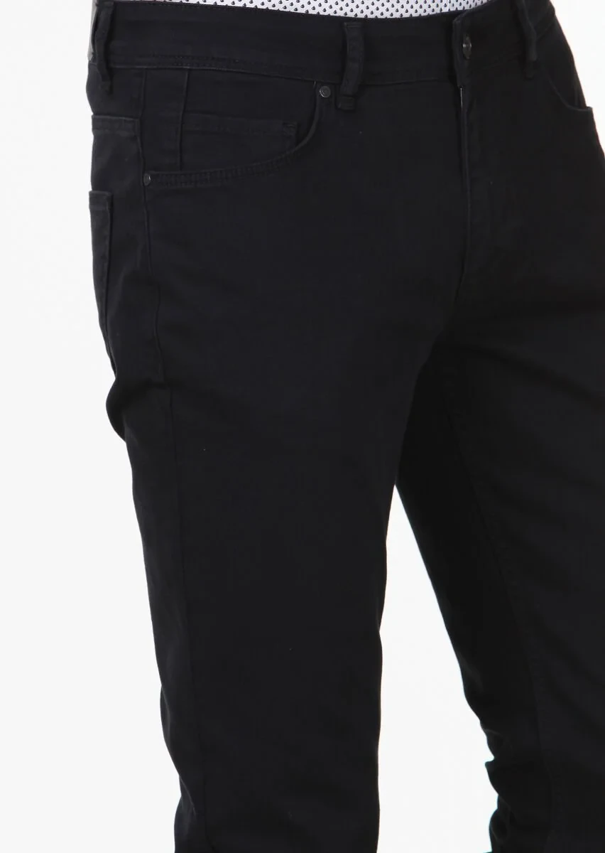 Siyah Düz Slim Fit Denim Pamuk Karışımlı Pantolon - 3