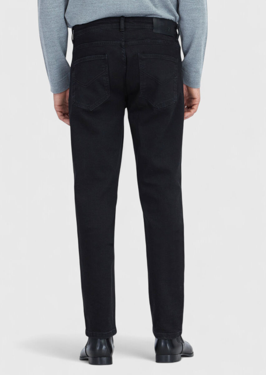 Siyah Düz Slim Fit Denim Pamuk Karışımlı Pantolon - 5