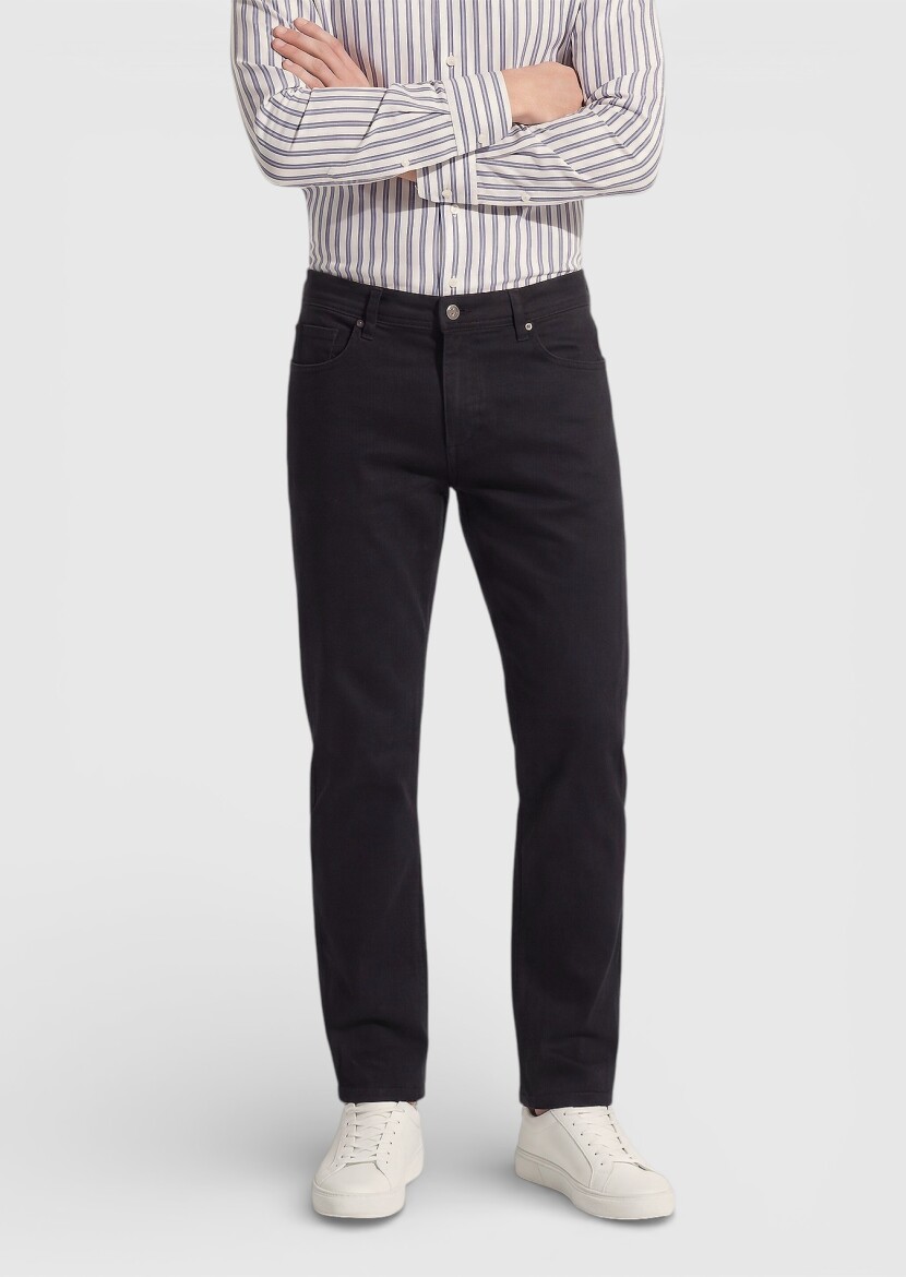 Siyah Düz Slim Fit Denim Pamuk Karışımlı Pantolon - 3