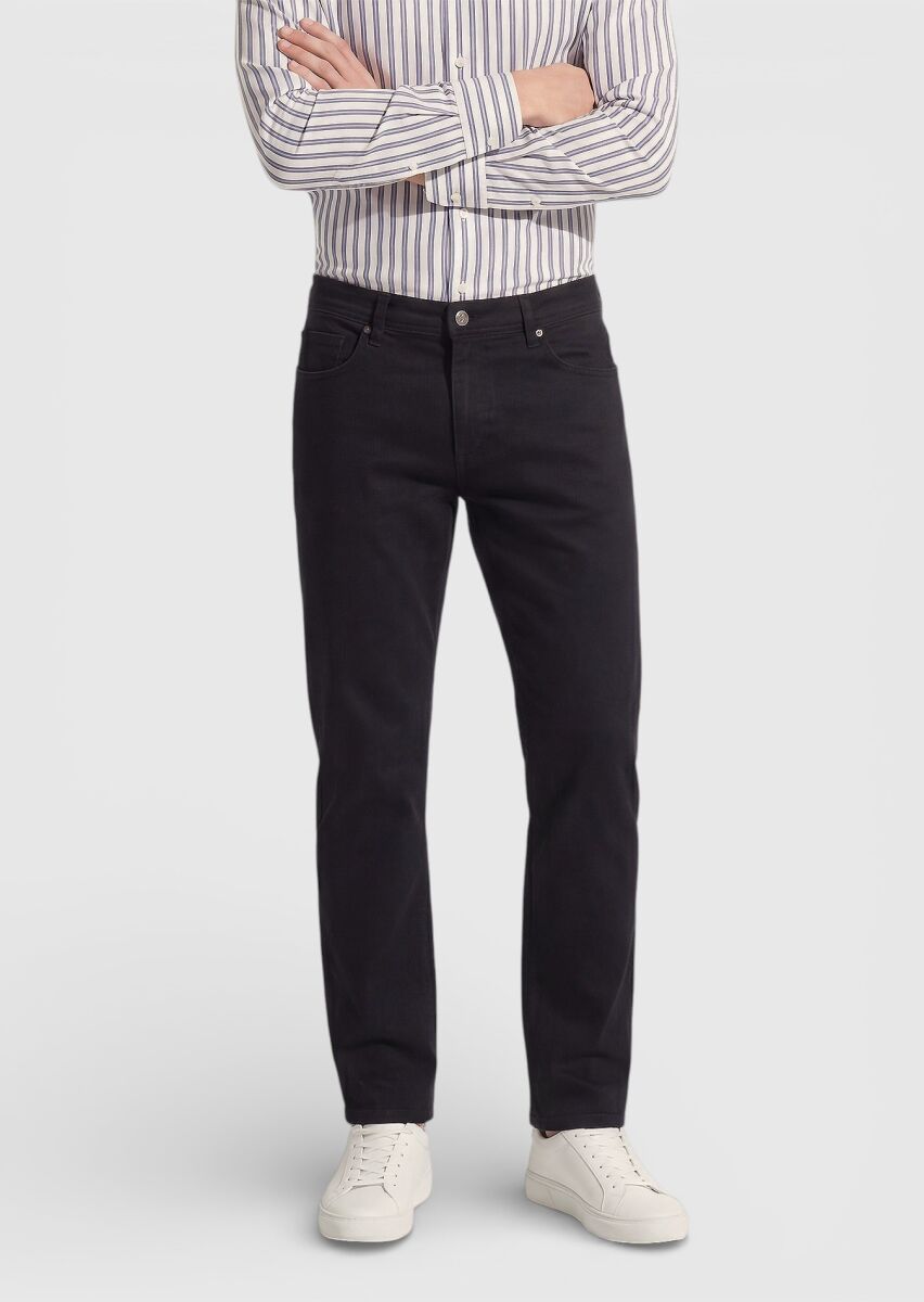Siyah Düz Slim Fit Denim Pamuk Karışımlı Pantolon - 3