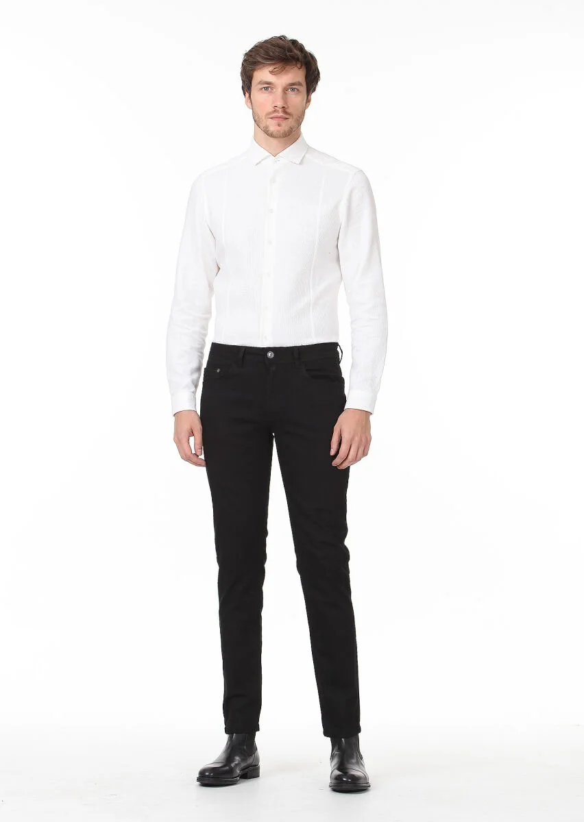 Siyah Düz Slim Fit Denim Pamuk Karışımlı Pantolon - 2