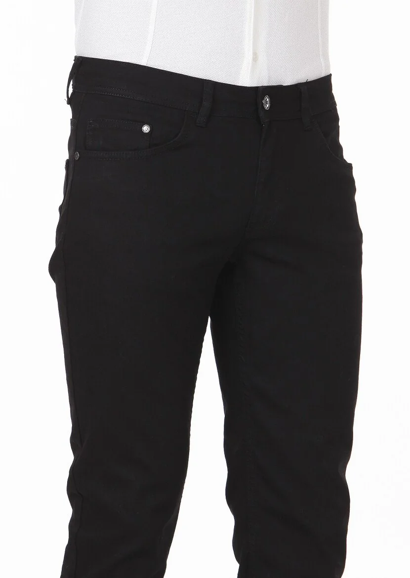 Siyah Düz Slim Fit Denim Pamuk Karışımlı Pantolon - 3