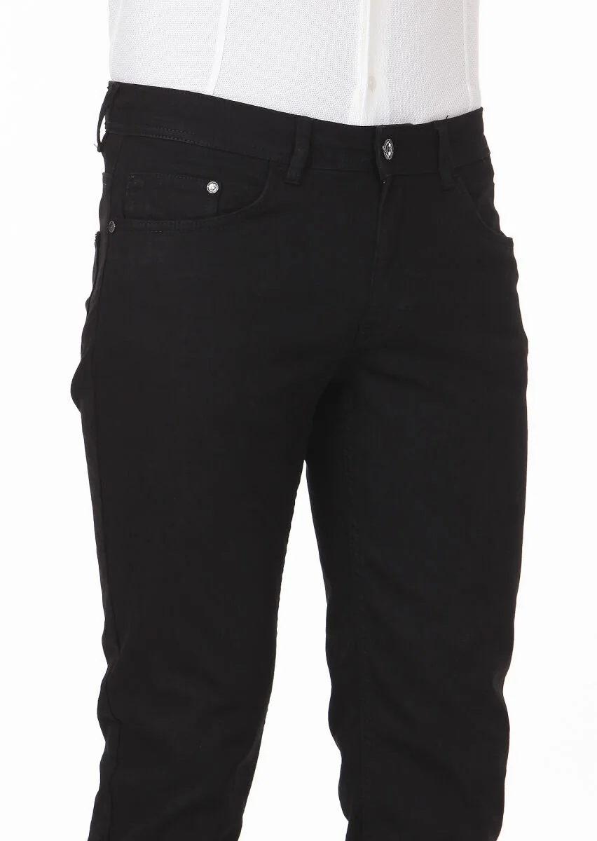 Siyah Düz Slim Fit Denim Pamuk Karışımlı Pantolon - 3