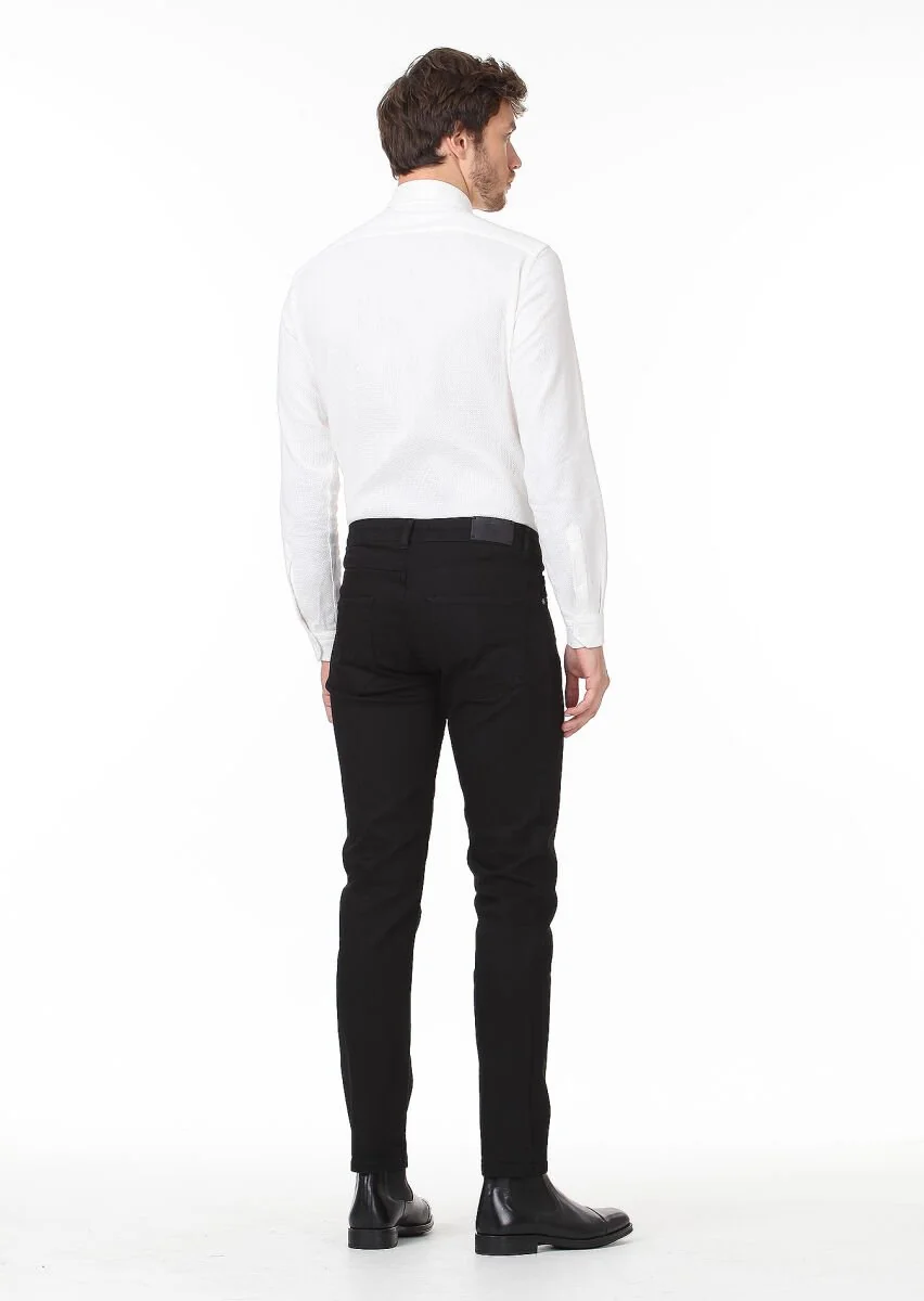 Siyah Düz Slim Fit Denim Pamuk Karışımlı Pantolon - 4