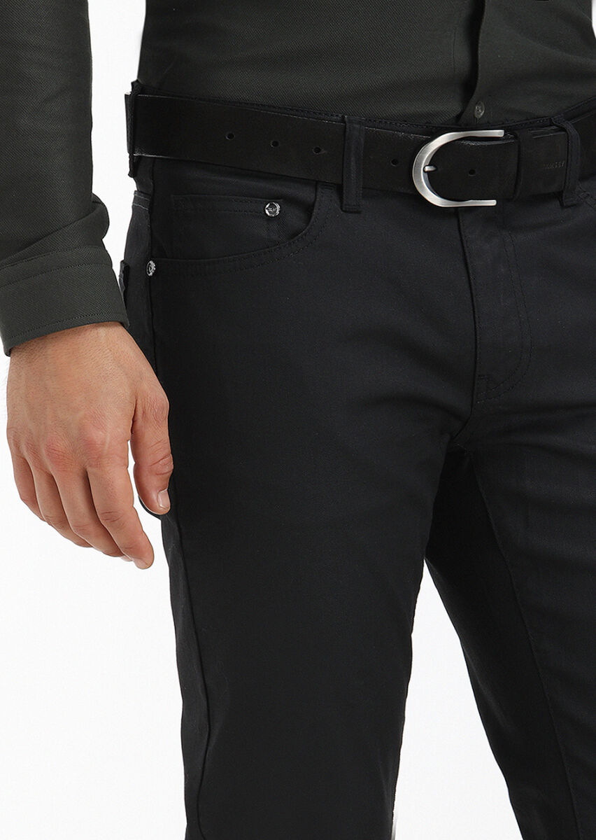 Siyah Düz Slim Fit Denim Pamuk Karışımlı Pantolon - 2