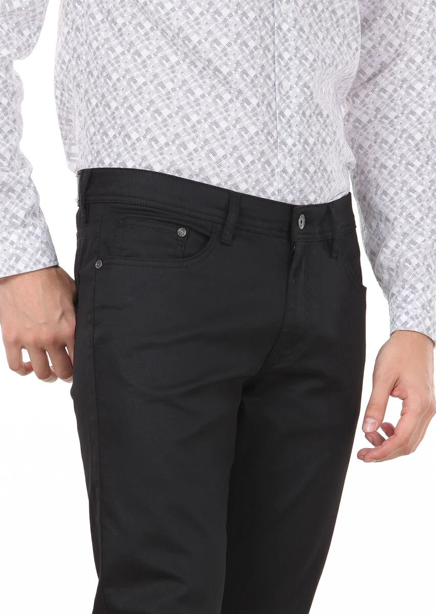 Siyah Düz Slim Fit Denim Pamuk Karışımlı Pantolon - 2