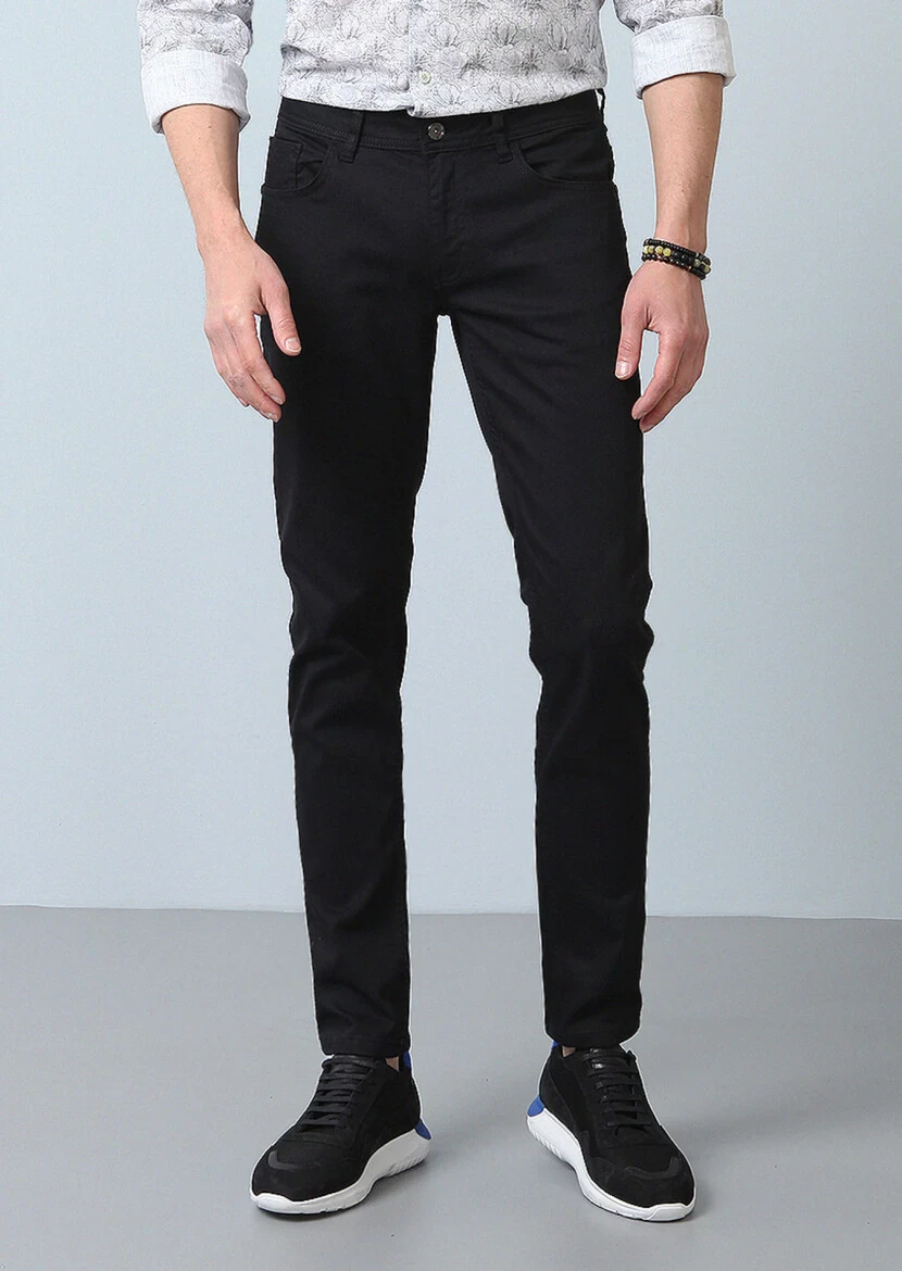 Siyah Düz Slim Fit Denim Pamuk Karışımlı Pantolon - 3