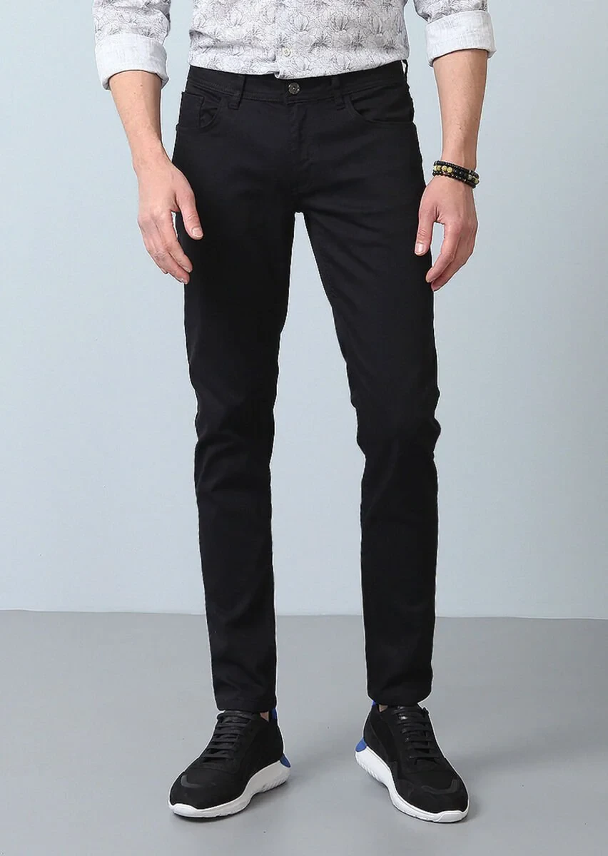 Siyah Düz Slim Fit Denim Pamuk Karışımlı Pantolon - 3