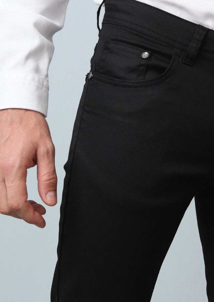 Siyah Düz Slim Fit Denim Pamuk Karışımlı Pantolon - 4