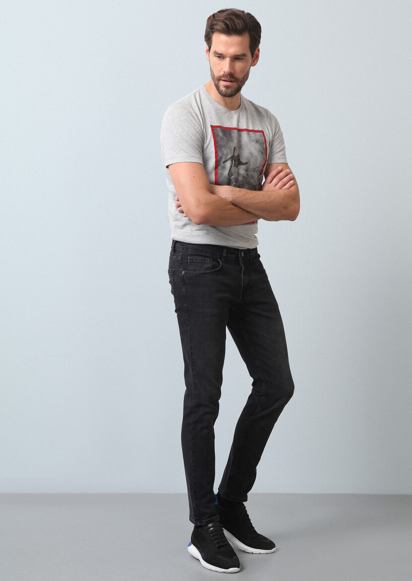 Siyah Düz Slim Fit Denim Pamuk Karışımlı Pantolon - 4