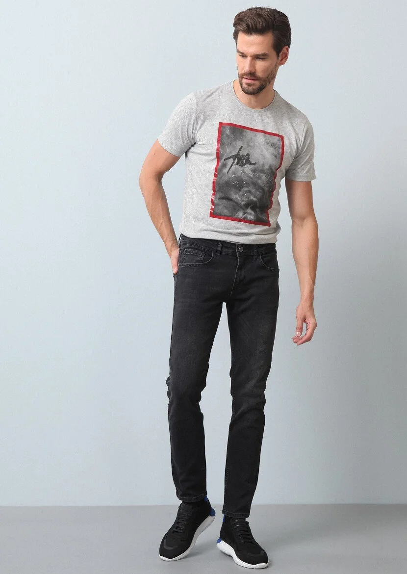 Siyah Düz Slim Fit Denim Pamuk Karışımlı Pantolon - 1