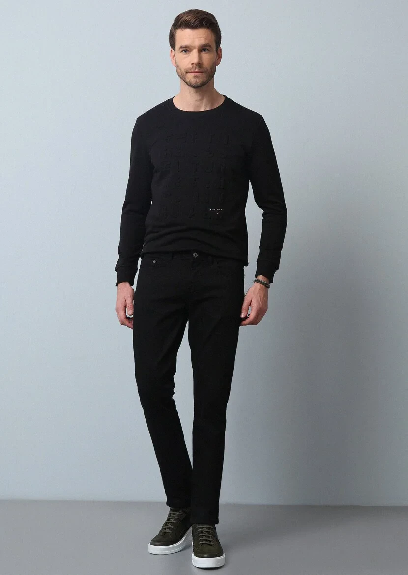 Siyah Düz Slim Fit Denim Pamuk Karışımlı Pantolon - 1