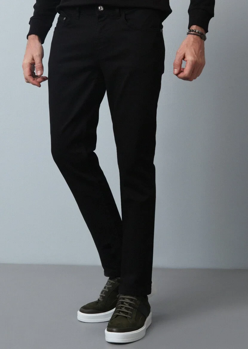 Siyah Düz Slim Fit Denim Pamuk Karışımlı Pantolon - 2