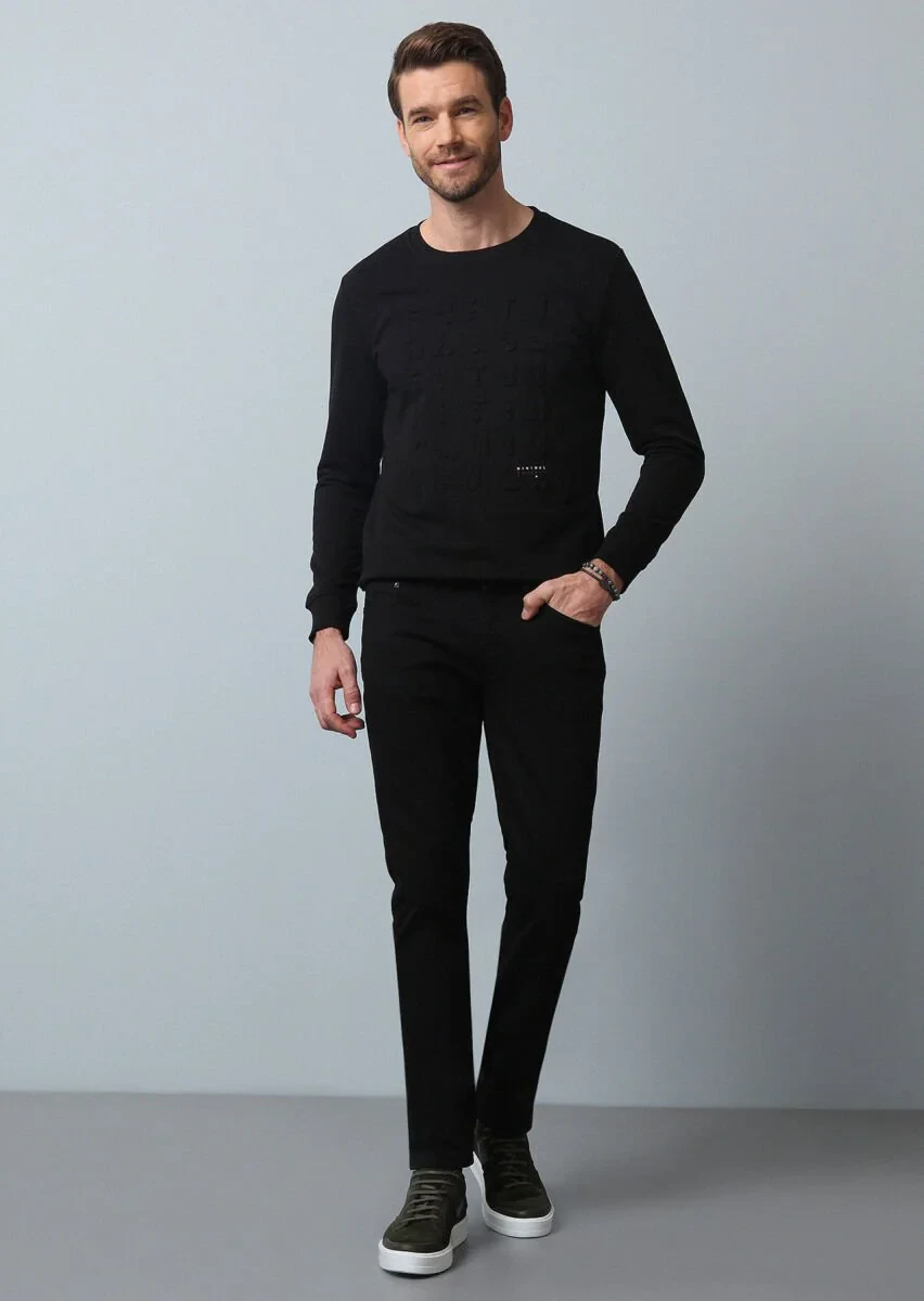 Siyah Düz Slim Fit Denim Pamuk Karışımlı Pantolon - 3