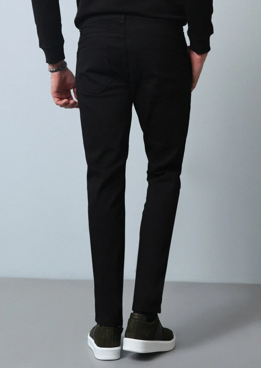 Siyah Düz Slim Fit Denim Pamuk Karışımlı Pantolon - 5