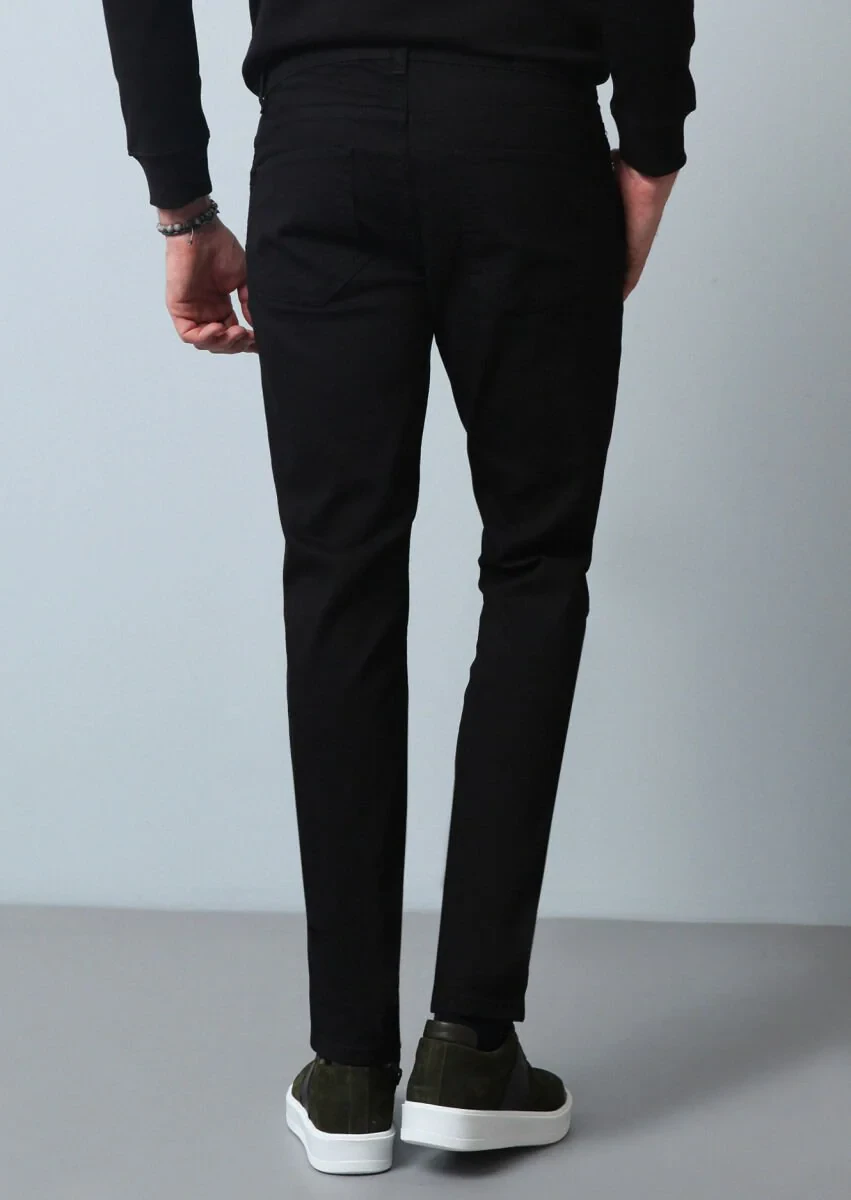 Siyah Düz Slim Fit Denim Pamuk Karışımlı Pantolon - 5