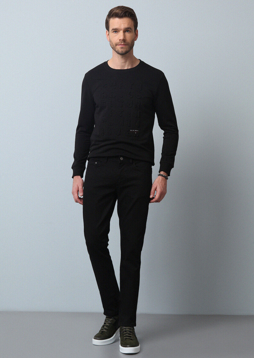 Siyah Düz Slim Fit Denim Pamuk Karışımlı Pantolon - 1