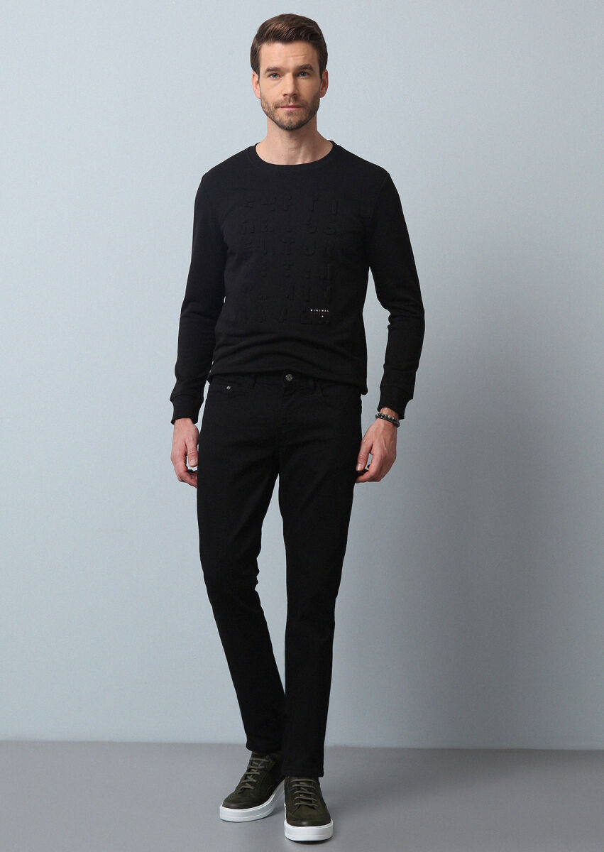 Siyah Düz Slim Fit Denim Pamuk Karışımlı Pantolon - 1