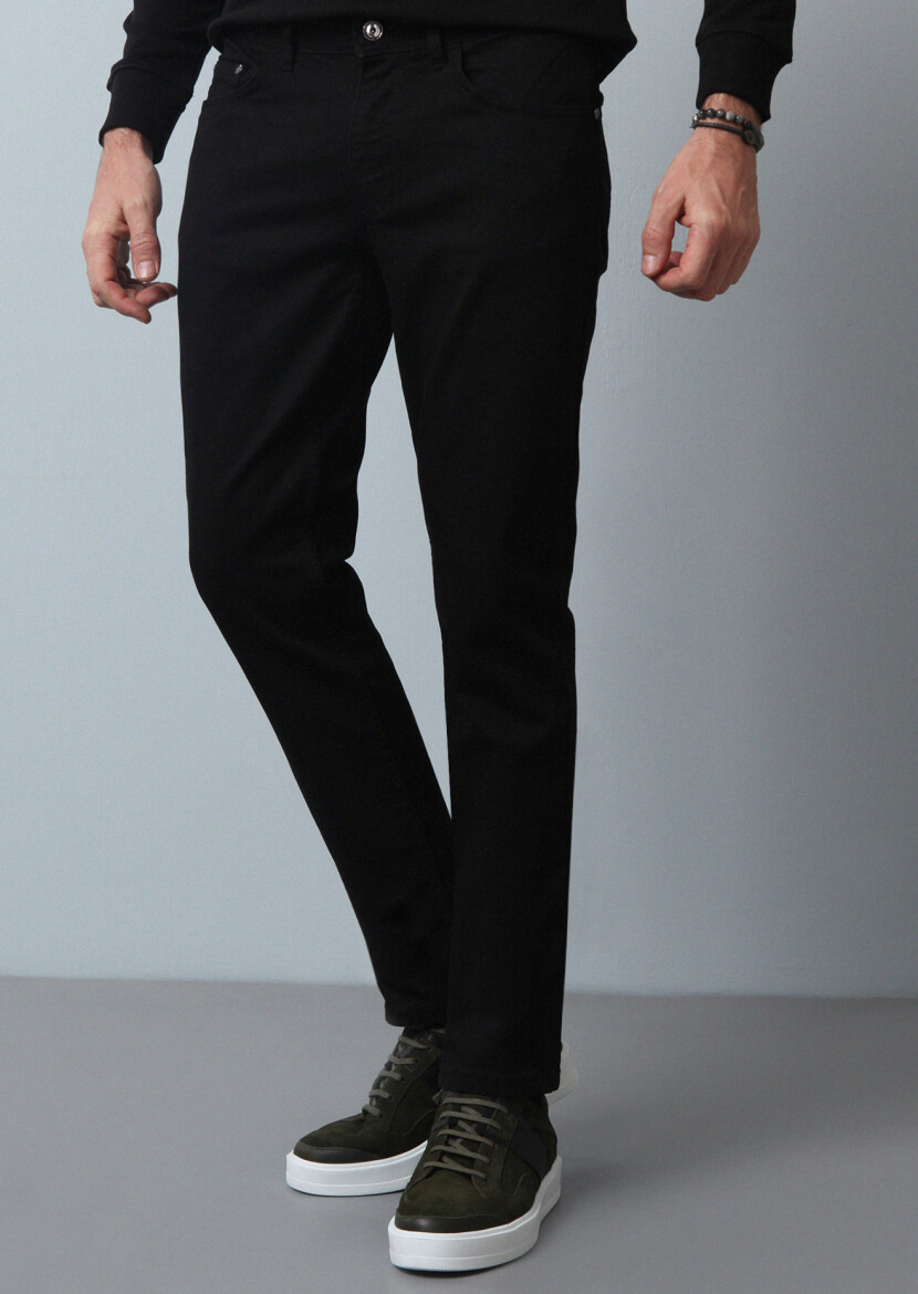 Siyah Düz Slim Fit Denim Pamuk Karışımlı Pantolon - 2