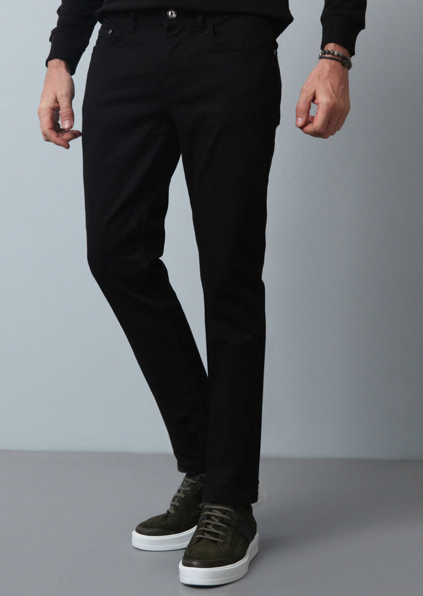 Siyah Düz Slim Fit Denim Pamuk Karışımlı Pantolon - 2