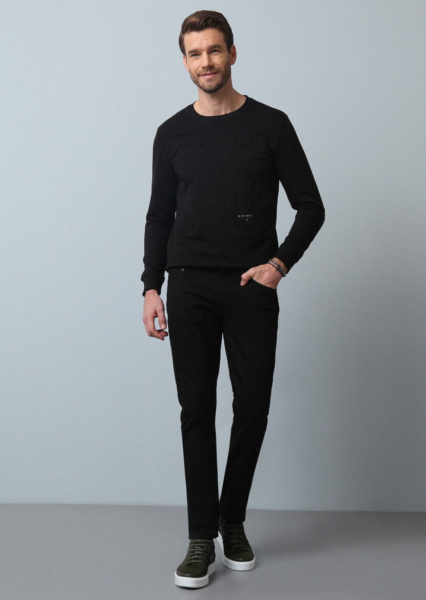 Siyah Düz Slim Fit Denim Pamuk Karışımlı Pantolon - 3