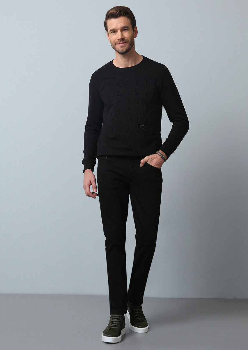 Siyah Düz Slim Fit Denim Pamuk Karışımlı Pantolon - 3