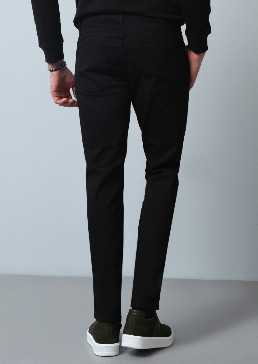 Siyah Düz Slim Fit Denim Pamuk Karışımlı Pantolon - 5