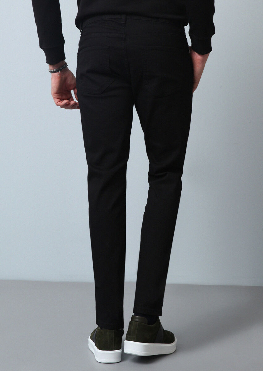 Siyah Düz Slim Fit Denim Pamuk Karışımlı Pantolon - 5