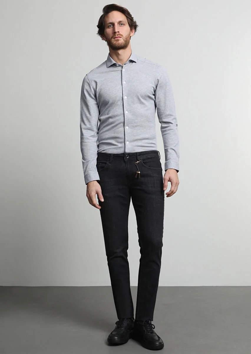Siyah Düz Slim Fit Denim Pamuk Karışımlı Pantolon - 1