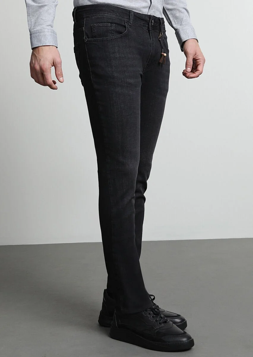 Siyah Düz Slim Fit Denim Pamuk Karışımlı Pantolon - 2