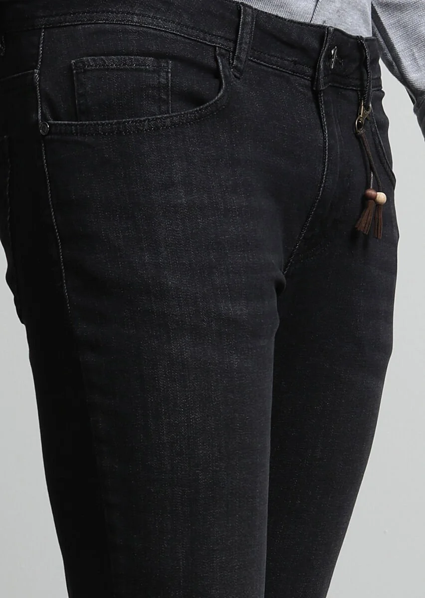 Siyah Düz Slim Fit Denim Pamuk Karışımlı Pantolon - 3