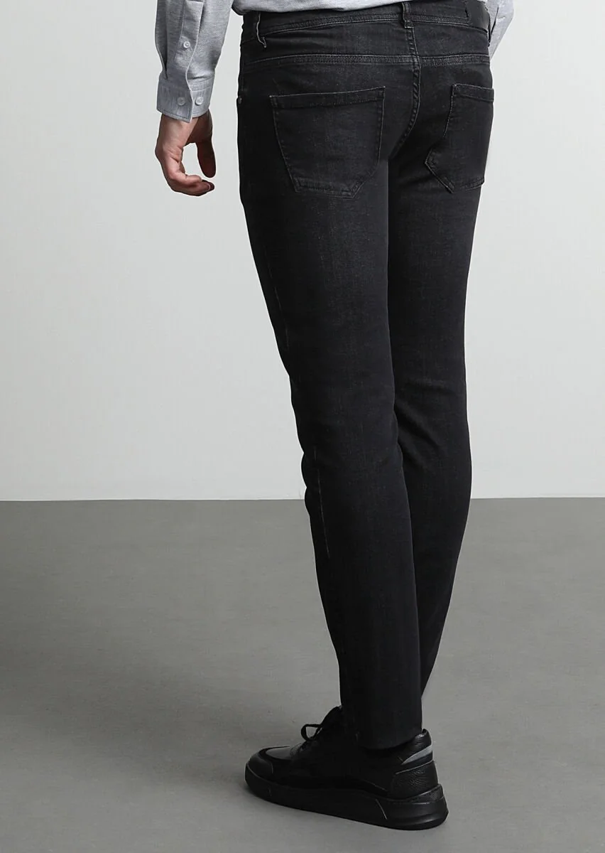 Siyah Düz Slim Fit Denim Pamuk Karışımlı Pantolon - 4