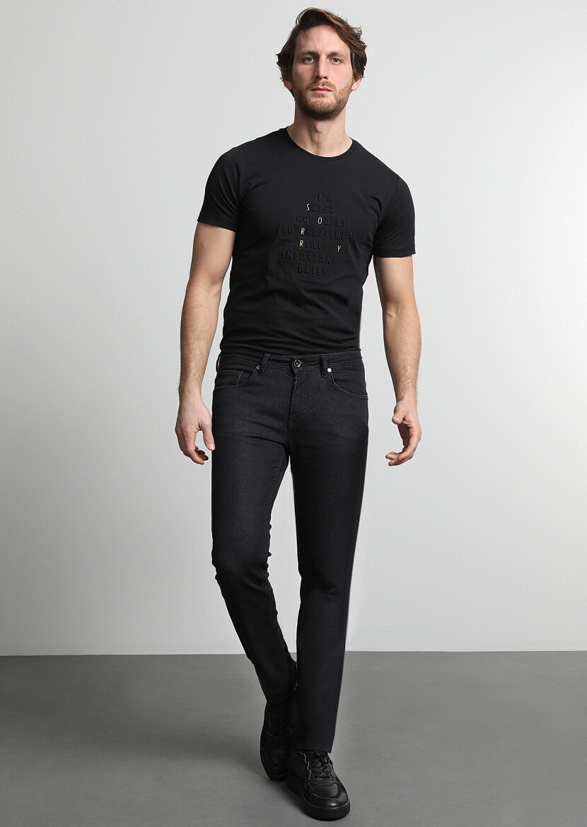 Siyah Düz Slim Fit Denim Pamuk Karışımlı Pantolon - 1