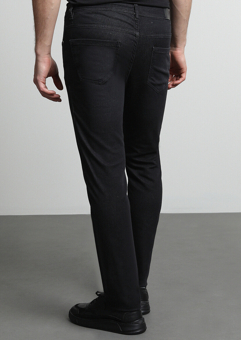Siyah Düz Slim Fit Denim Pamuk Karışımlı Pantolon - 3